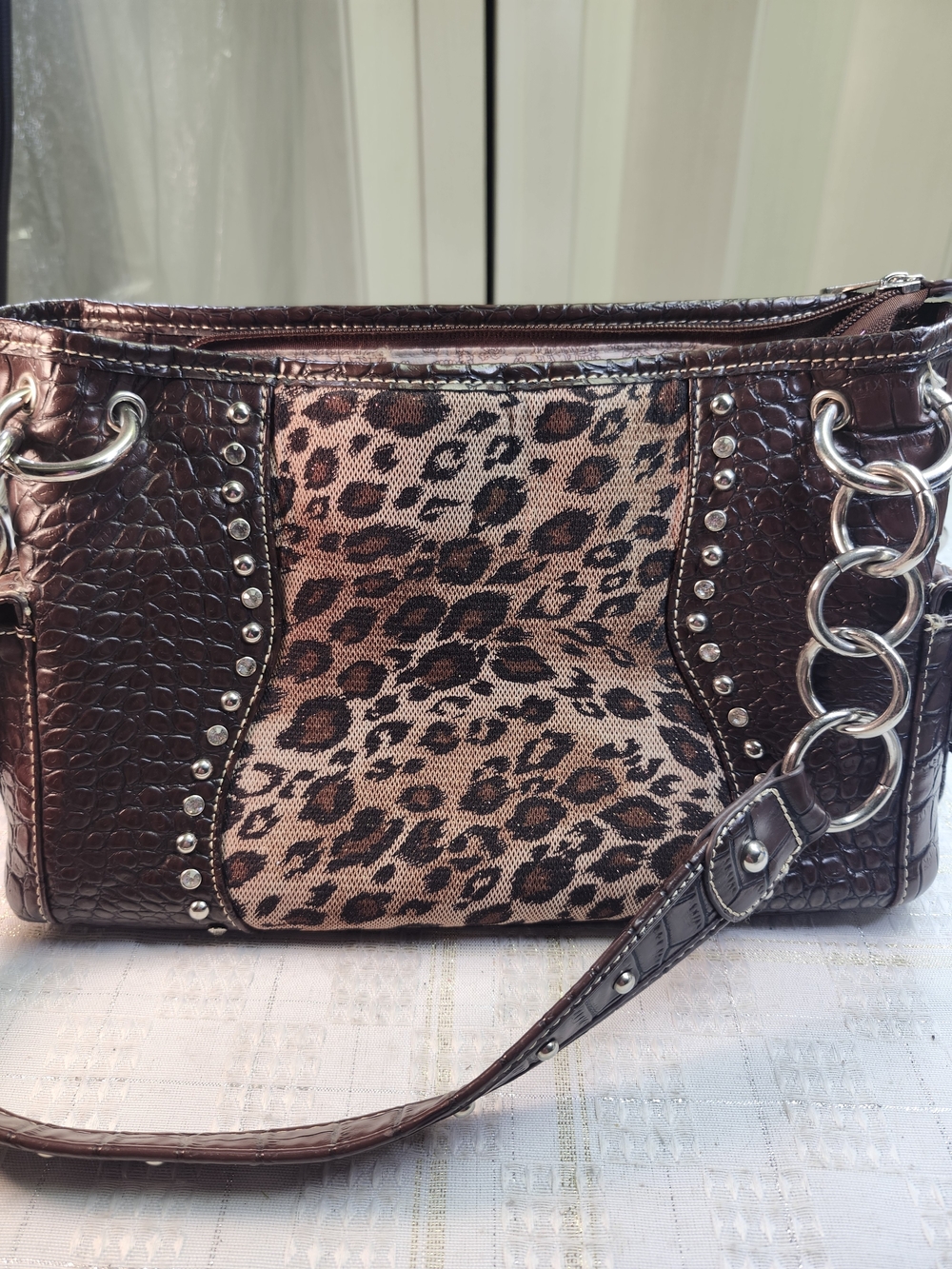 Leopard Accent Brown Shoulder Bag with Silver Chain Detail